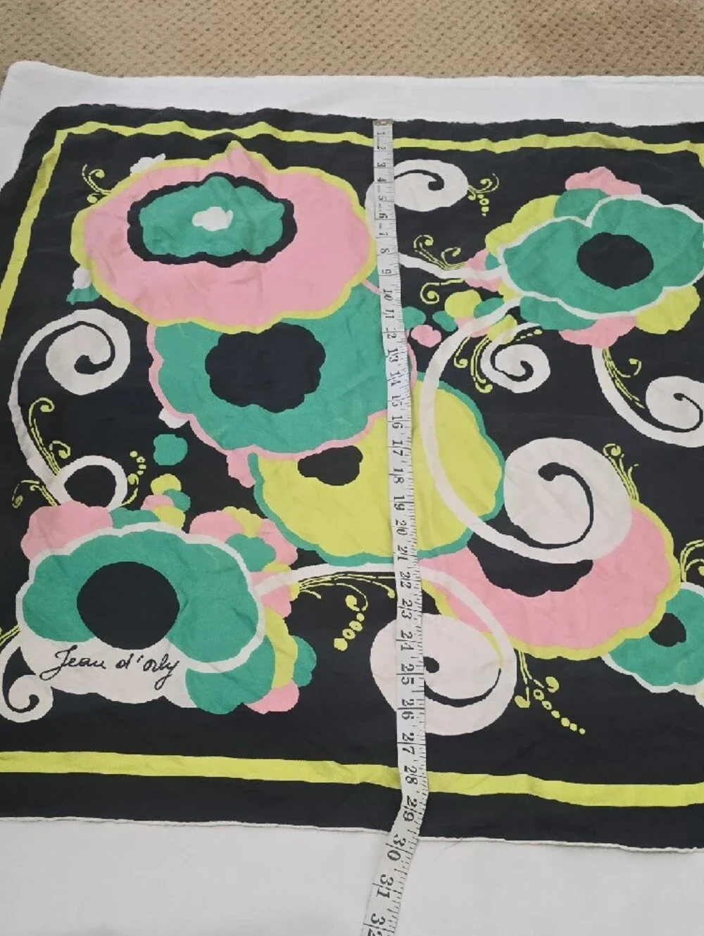 Black Floral‎ Print Silk Scarf — Pink, Green & Yellow